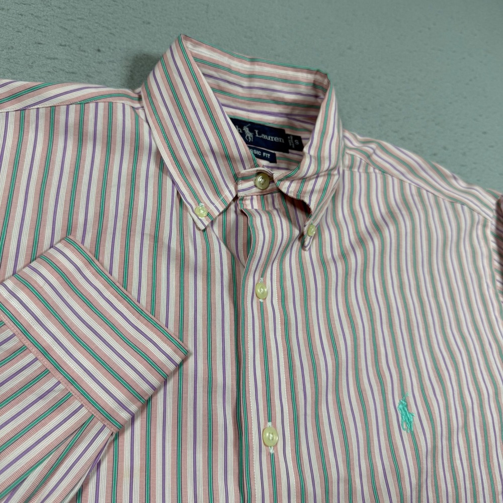 Ralph Lauren Classic Fit Striped Button Down Shirt Pink Green Purple Mens Small
